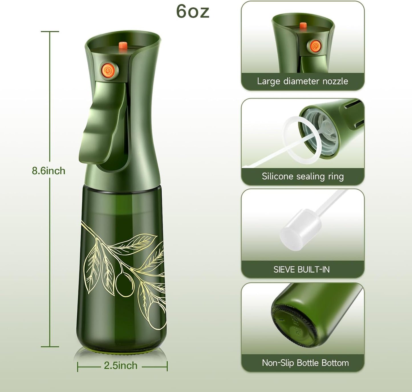 Szklana Butelka z Atomizerem do Oliwy i Oleju – Spray do Gotowania z Kontrolą Porcji, Do Kuchni (Zielone i złocone kwiaty, 227 ml)