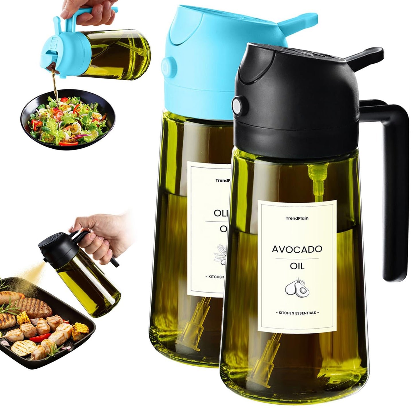 TrendPlain Butelka z dozownikiem oliwy z oliwek do kuchni, dozownik oleju 2 w 1 i rozpylacz oleju do gotowania, frytownicy powietrznej, sałatki, bez BPA, 470 ml (Czarny-1)