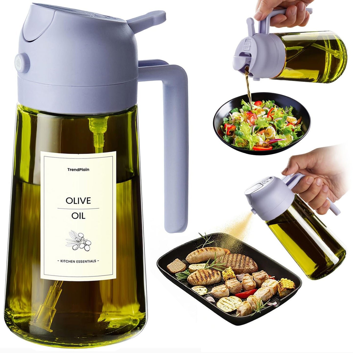 TrendPlain Butelka z dozownikiem oliwy z oliwek do kuchni, dozownik oleju 2 w 1 i rozpylacz oleju do gotowania, frytownicy powietrznej, sałatki, bez BPA, 470 ml (Czarny-1)