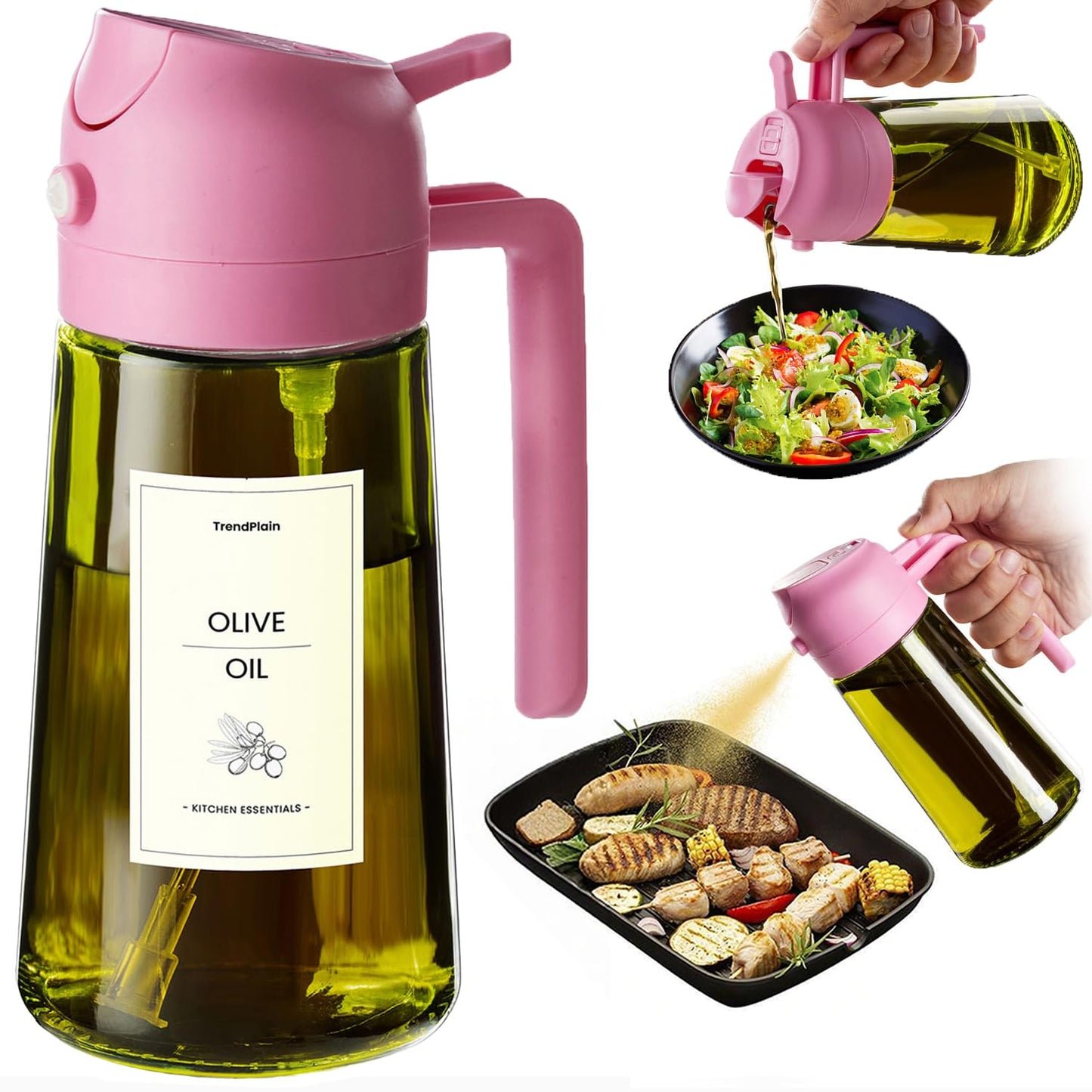 TrendPlain Butelka z dozownikiem oliwy z oliwek do kuchni, dozownik oleju 2 w 1 i rozpylacz oleju do gotowania, frytownicy powietrznej, sałatki, bez BPA, 470 ml (Czarny-1)