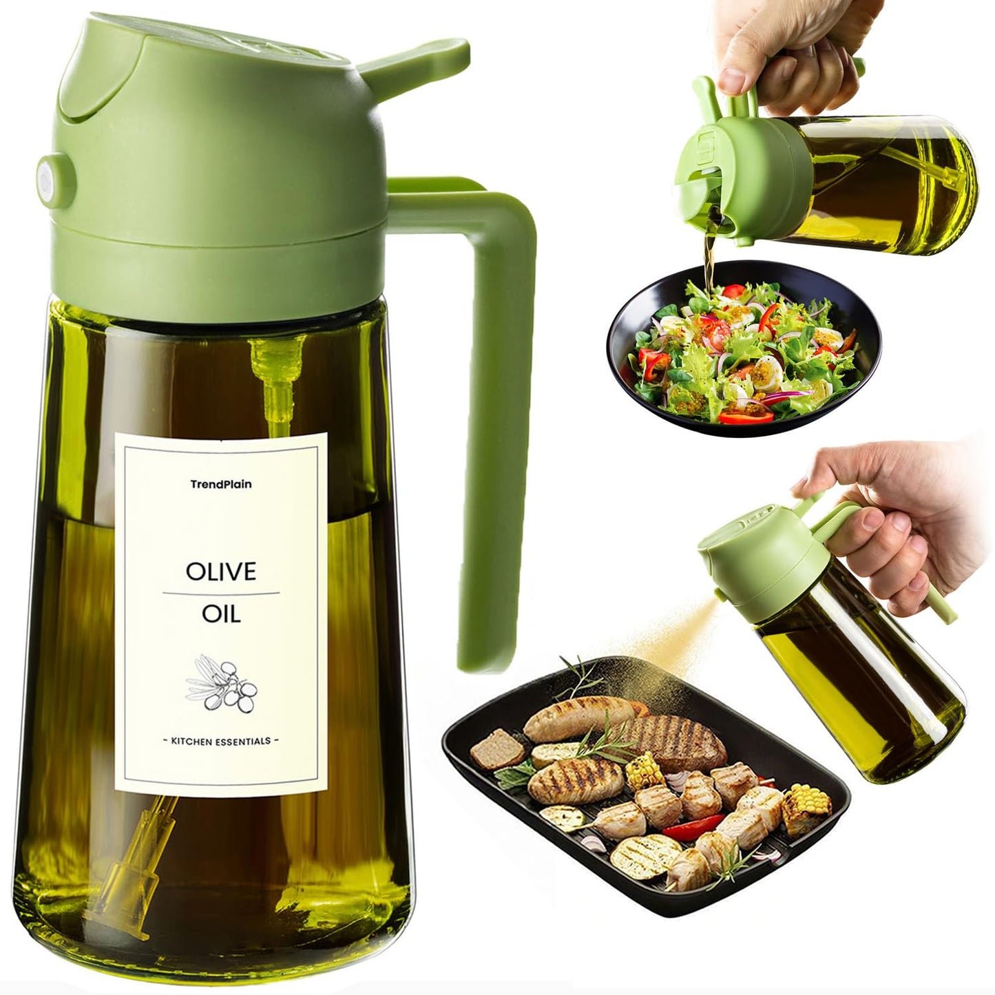 TrendPlain Butelka z dozownikiem oliwy z oliwek do kuchni, dozownik oleju 2 w 1 i rozpylacz oleju do gotowania, frytownicy powietrznej, sałatki, bez BPA, 470 ml (Czarny-1)