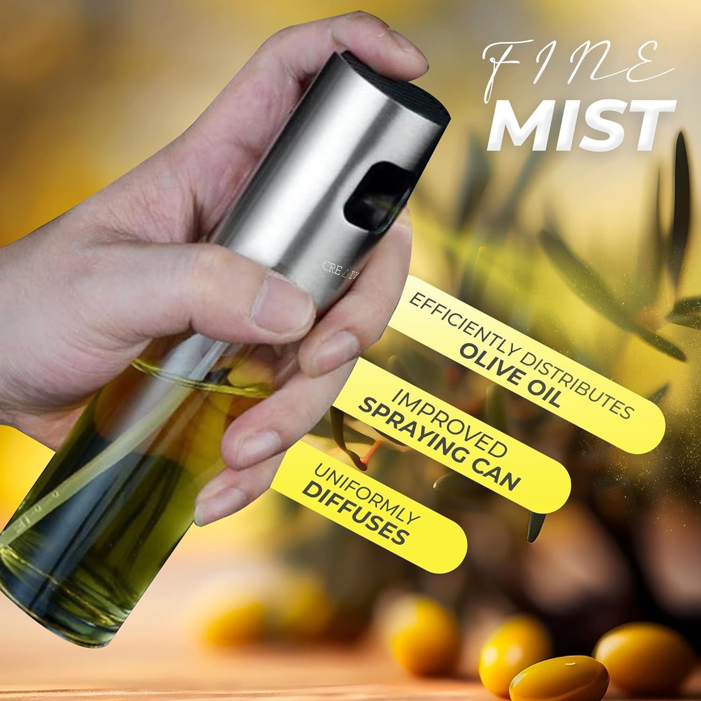 CREADY® | Spray, olej, pojemnik ze stali nierdzewnej 100 ml | Dozownik oleju w sprayu | Dozownik oleju w sprayu do frytkownic powietrznych | Olej w sprayu | Spryskiwacz na olej | Dozownik oleju