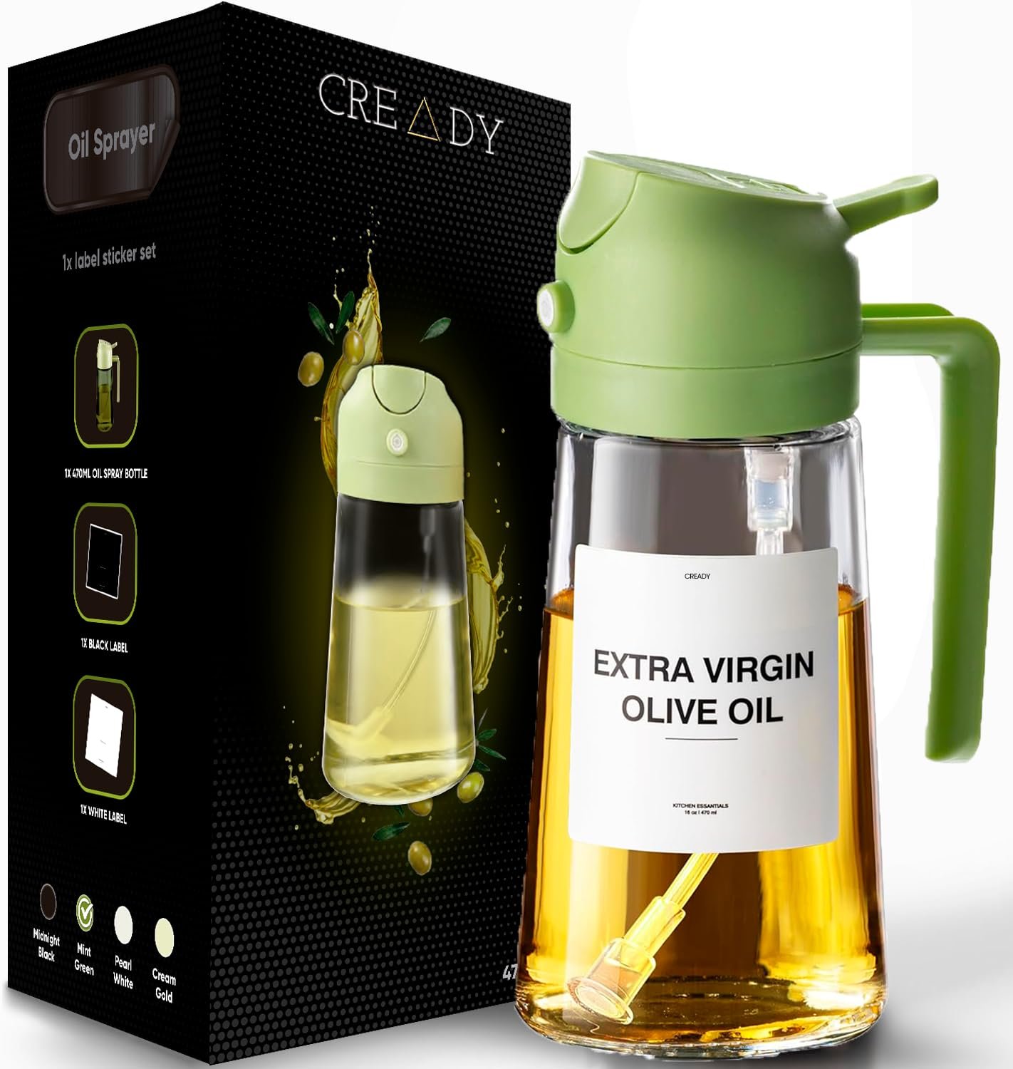 CREADY Czarny Spray Oleju Kuchennego 470ml | Dozownik Oleju Spray 2 w 1 | Frytownica Powietrza Spray Oleju | Spray do olejów | Spray do spryskiwacza | Spray do oleju | Dozownik oleju