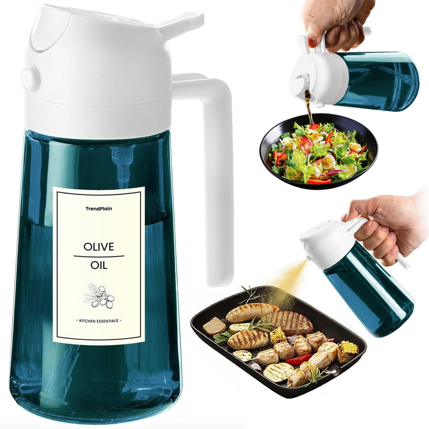 TrendPlain Butelka z dozownikiem oliwy z oliwek do kuchni, dozownik oleju 2 w 1 i rozpylacz oleju do gotowania, frytownicy powietrznej, sałatki, bez BPA, 470 ml (Czarny-1)