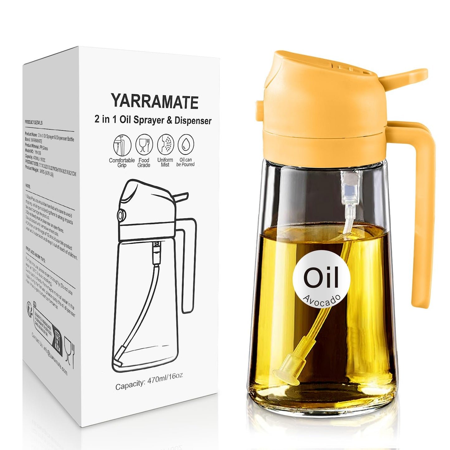 YARRAMATE 2 w 1 rozpylacz oleju jadalnego, butelka z rozpylaczem 470 ml, nadaje się do kontaktu z żywnością, spray na olej do gotowania, wysokiej jakości oleju do kuchni(biały)