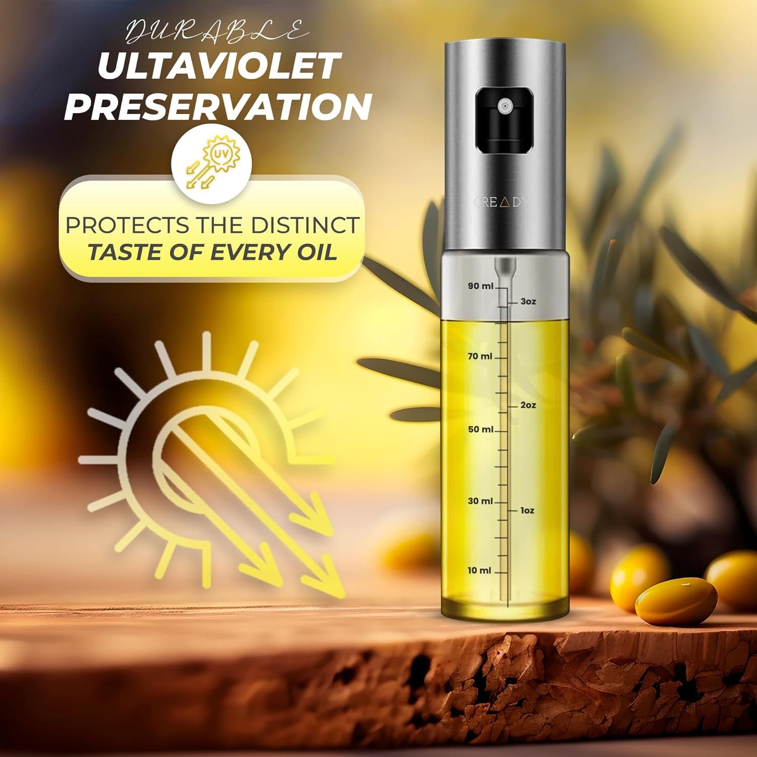 CREADY® | Spray, olej, pojemnik ze stali nierdzewnej 100 ml | Dozownik oleju w sprayu | Dozownik oleju w sprayu do frytkownic powietrznych | Olej w sprayu | Spryskiwacz na olej | Dozownik oleju
