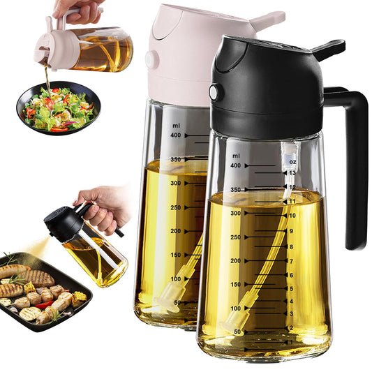 TrendPlain Butelka z dozownikiem oliwy z oliwek do kuchni, dozownik oleju 2 w 1 i rozpylacz oleju do gotowania, frytownicy powietrznej, sałatki, bez BPA, 470 ml (Czarny-1)