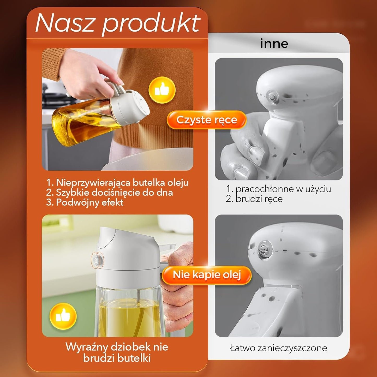 YARRAMATE 2 w 1 rozpylacz oleju jadalnego, butelka z rozpylaczem 470 ml, nadaje się do kontaktu z żywnością, spray na olej do gotowania, wysokiej jakości oleju do kuchni(biały)