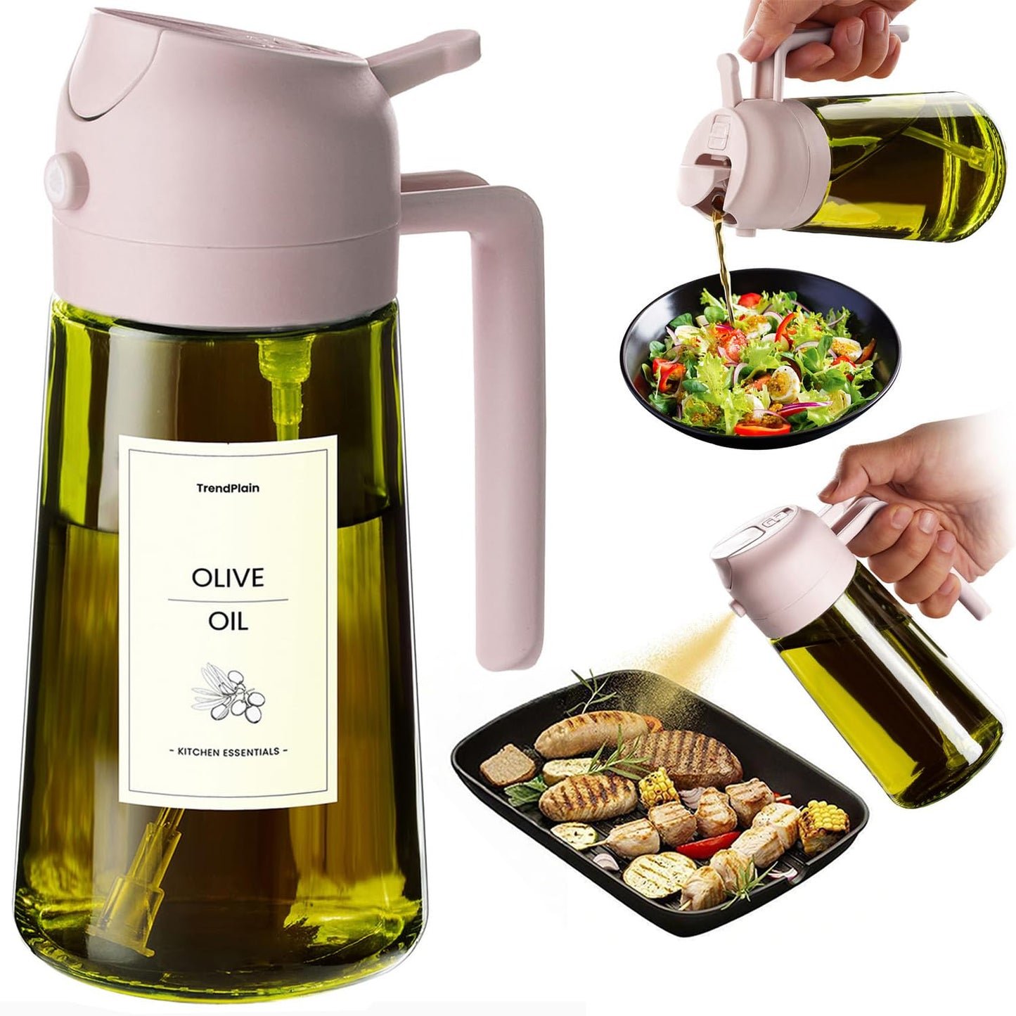TrendPlain Butelka z dozownikiem oliwy z oliwek do kuchni, dozownik oleju 2 w 1 i rozpylacz oleju do gotowania, frytownicy powietrznej, sałatki, bez BPA, 470 ml (Czarny-1)