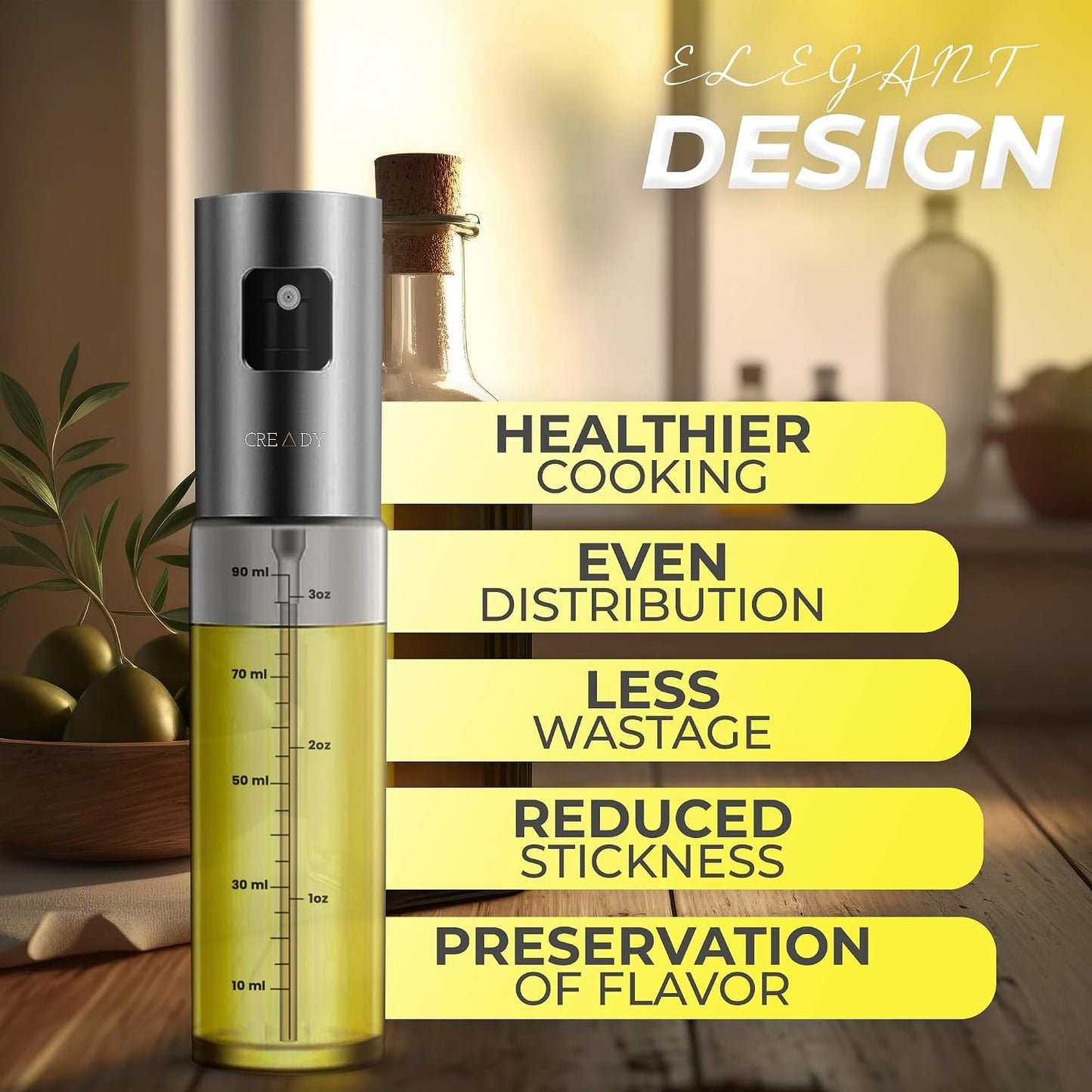 CREADY® | Spray, olej, pojemnik ze stali nierdzewnej 100 ml | Dozownik oleju w sprayu | Dozownik oleju w sprayu do frytkownic powietrznych | Olej w sprayu | Spryskiwacz na olej | Dozownik oleju