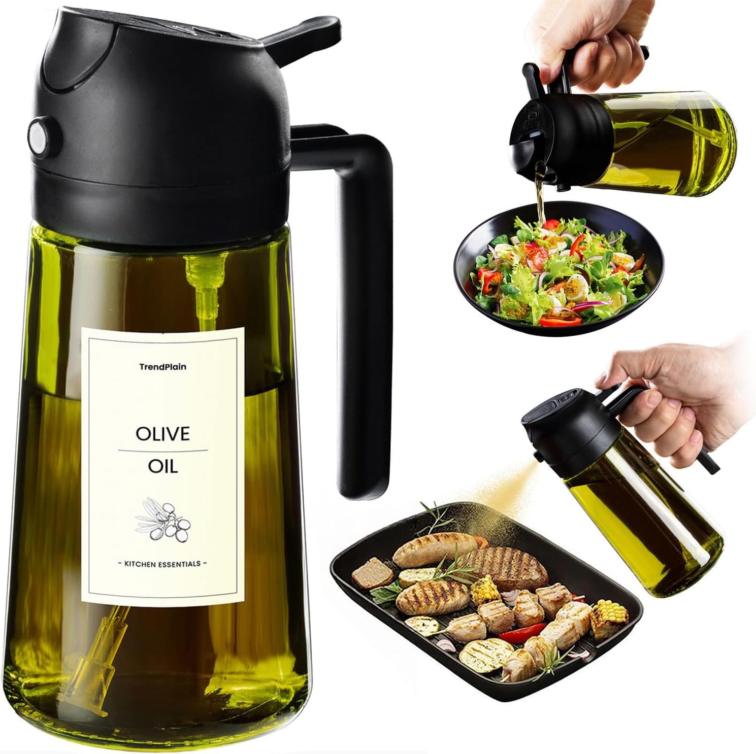 TrendPlain Butelka z dozownikiem oliwy z oliwek do kuchni, dozownik oleju 2 w 1 i rozpylacz oleju do gotowania, frytownicy powietrznej, sałatki, bez BPA, 470 ml (Czarny-1)