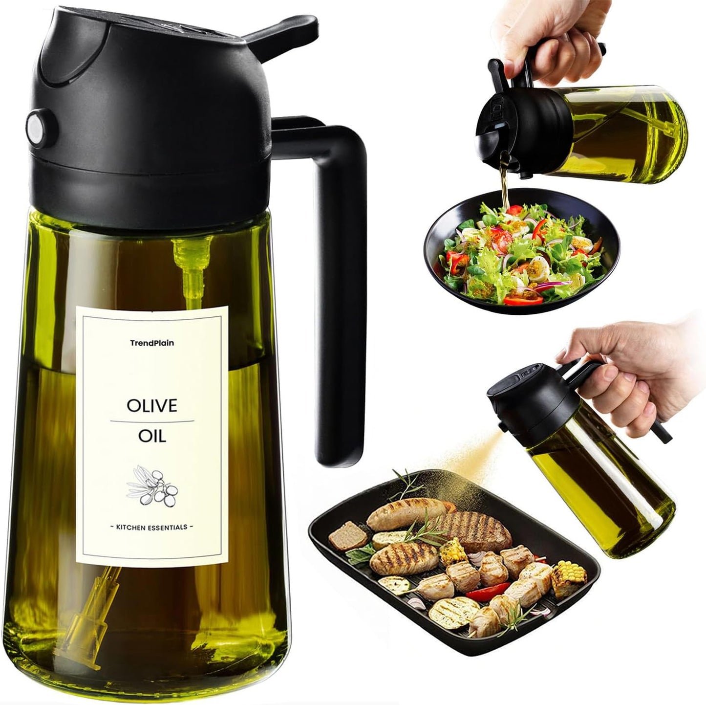TrendPlain Butelka z dozownikiem oliwy z oliwek do kuchni, dozownik oleju 2 w 1 i rozpylacz oleju do gotowania, frytownicy powietrznej, sałatki, bez BPA, 470 ml (Czarny-1)