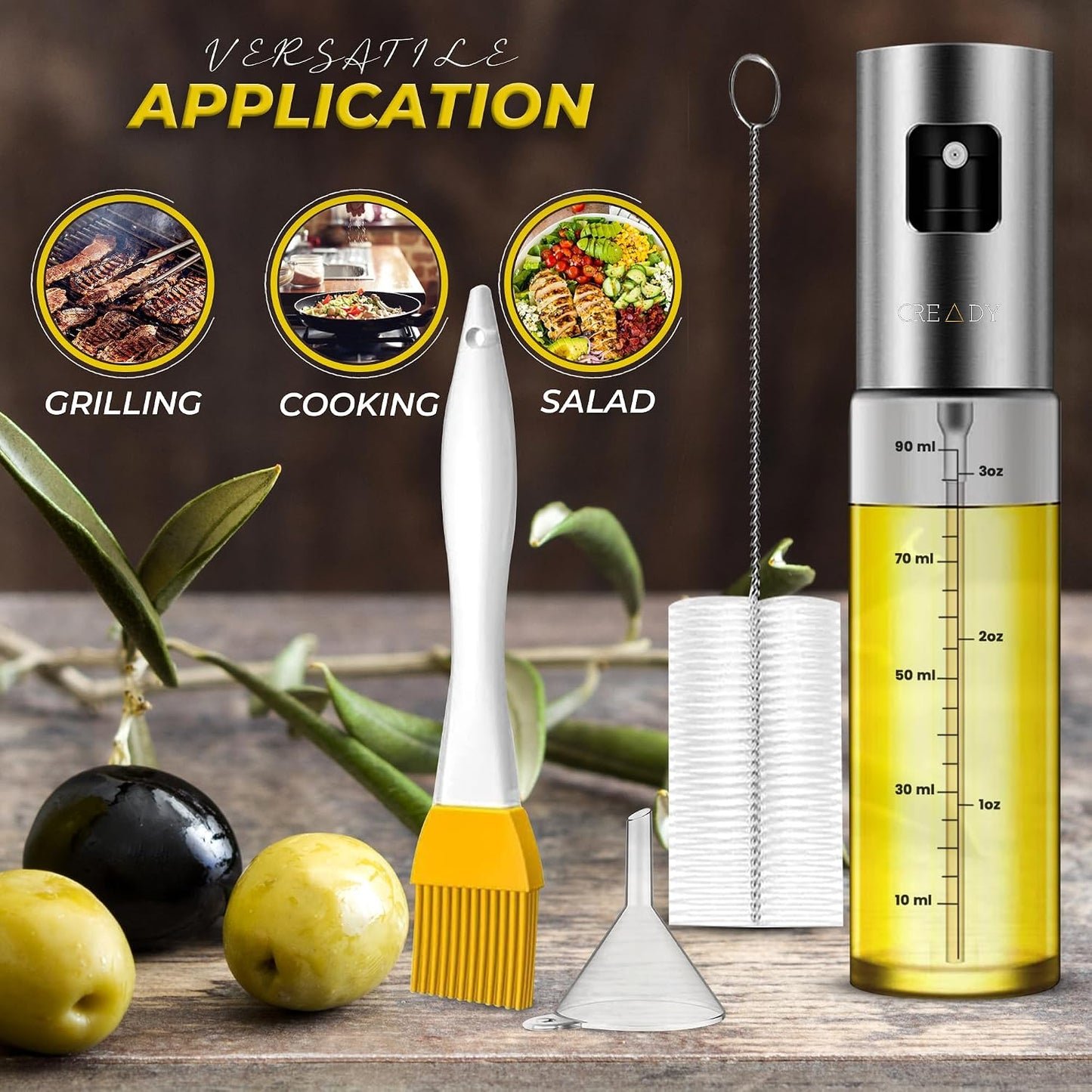 CREADY® | Spray, olej, pojemnik ze stali nierdzewnej 100 ml | Dozownik oleju w sprayu | Dozownik oleju w sprayu do frytkownic powietrznych | Olej w sprayu | Spryskiwacz na olej | Dozownik oleju